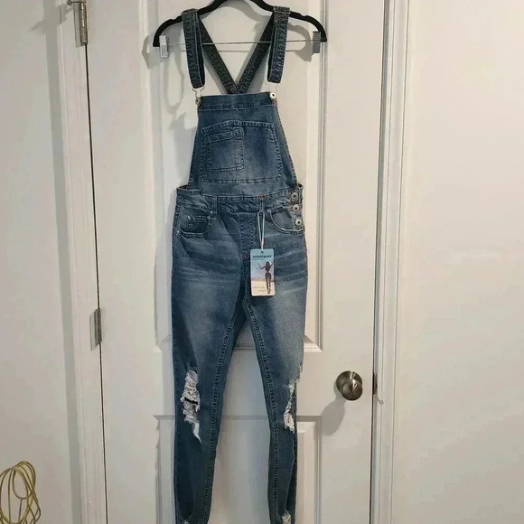 Highway Jeans Distressed Denim Skinny-leg Overalls - US 3 - Picture 1 of 8